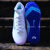  Giày Bóng Đá Cỏ Nhân Tạo Mercurial Superfly 10 Cổ Cao Trắng Đế Xanh Bích Hologram TF 
