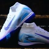  Giày Bóng Đá Cỏ Nhân Tạo Mercurial Superfly 10 Cổ Cao Trắng Đế Xanh Bích Hologram TF 