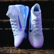  Giày Bóng Đá Cỏ Nhân Tạo Mercurial Superfly 10 Cổ Cao Trắng Đế Xanh Bích Hologram TF 
