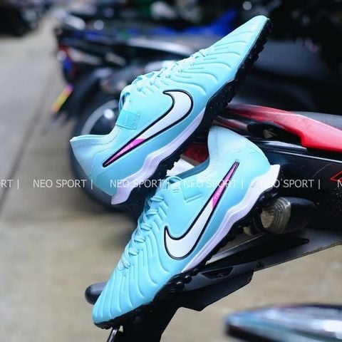  Giày Bóng Đá Cỏ Nhân Tạo Tiempo 10 Pro Bo Thun Xanh Ngọc Logo Trắng Hồng TF 