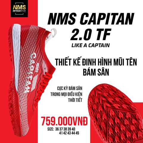  Giày Bóng Đá Chính Hãng Cỏ Nhân Tạo NMS CAPITAN 2.0 Bo Thun Đỏ TF 