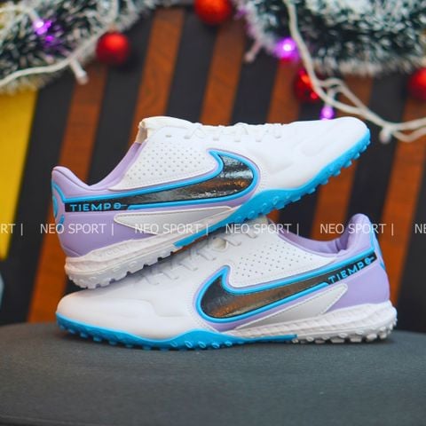  Giày Bóng Đá Cỏ Nhân Tạo Tiempo 9 Pro Bo Thun Trắng Đế Xanh Da TF 