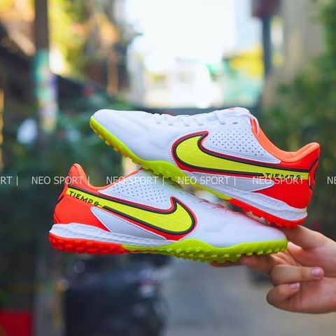  Giày Bóng Đá Cỏ Nhân Tạo Tiempo 9 Pro bo thun Trắng gót Cam, Đế Hai Màu TF 