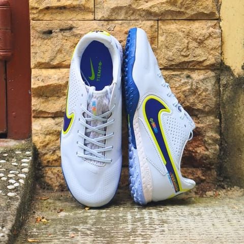  Giày Bóng Đá Cỏ Nhân Tạo Tiempo 9 Pro Bo Thun Trắng Logo Xanh Bích TF 