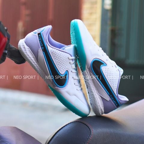  Giày Bóng Đá Futsal Tiempo 9 Trắng Đế Xanh Da IC 