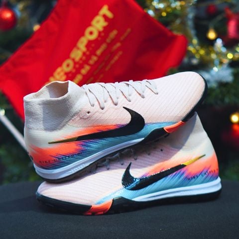  Giày Bóng Đá Cỏ Nhân Tạo Mercurial Superfly 10 Cổ Cao Cam Nhạt Xanh Biển TF 