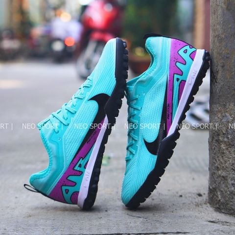  Giày Bóng Đá Cỏ Nhân Tạo Mercurial Vapor 15 Pro Airzoom Bo Thun Xanh Ngọc Gót Tím TF 