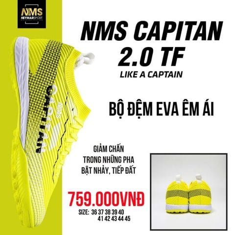  Giày Bóng Đá Chính Hãng Cỏ Nhân Tạo NMS CAPITAN 2.0 Bo Thun Vàng Chuối TF 