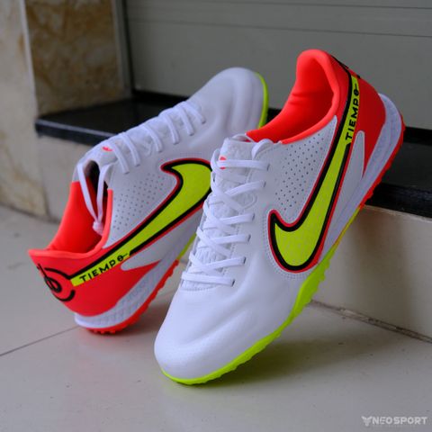  Giày Bóng Đá Cỏ Nhân Tạo Tiempo 9 Pro bo thun Trắng gót Cam, Đế Hai Màu TF 