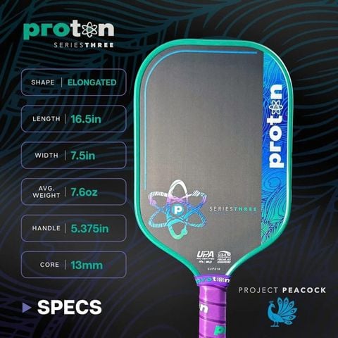  Vợt Pickleball Proton Series 3 Project Peacock Elongated Xanh Ngọc 15mm 