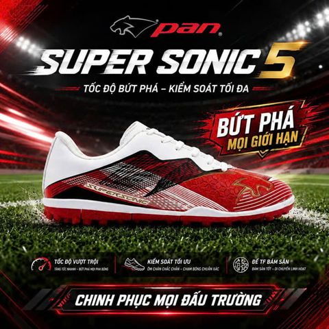  Giày Bóng Đá Cỏ Nhân Tạo Chính Hãng Thái Lan Pan Super Sonic 5 Trắng/Đỏ TF 