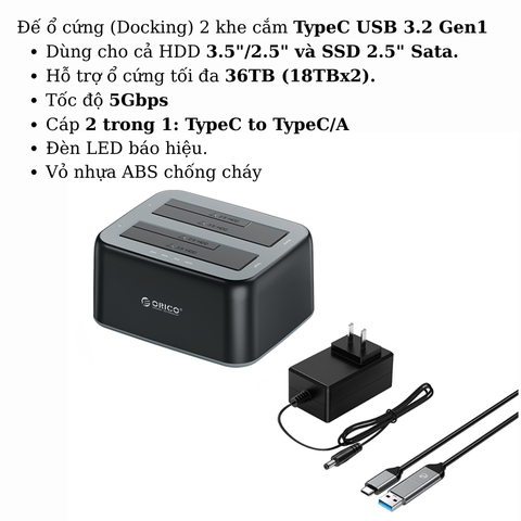 Đế ổ cứng (Docking) 2 khe cắm Type C USB 3.2 Gen2 ORICO 6829C3-V1-Hàng Chính Hãng 