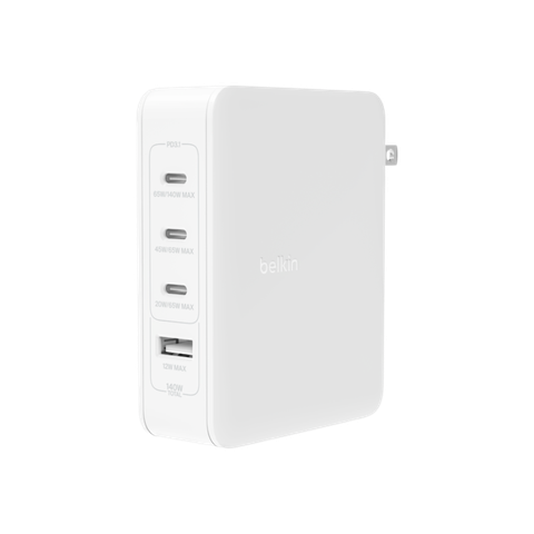 Adapter Sạc Nhanh Belkin 140W GaN BOOST CHARGE Rockstar Triple USB-C Và USB-A - Hàng Chính Hãng
