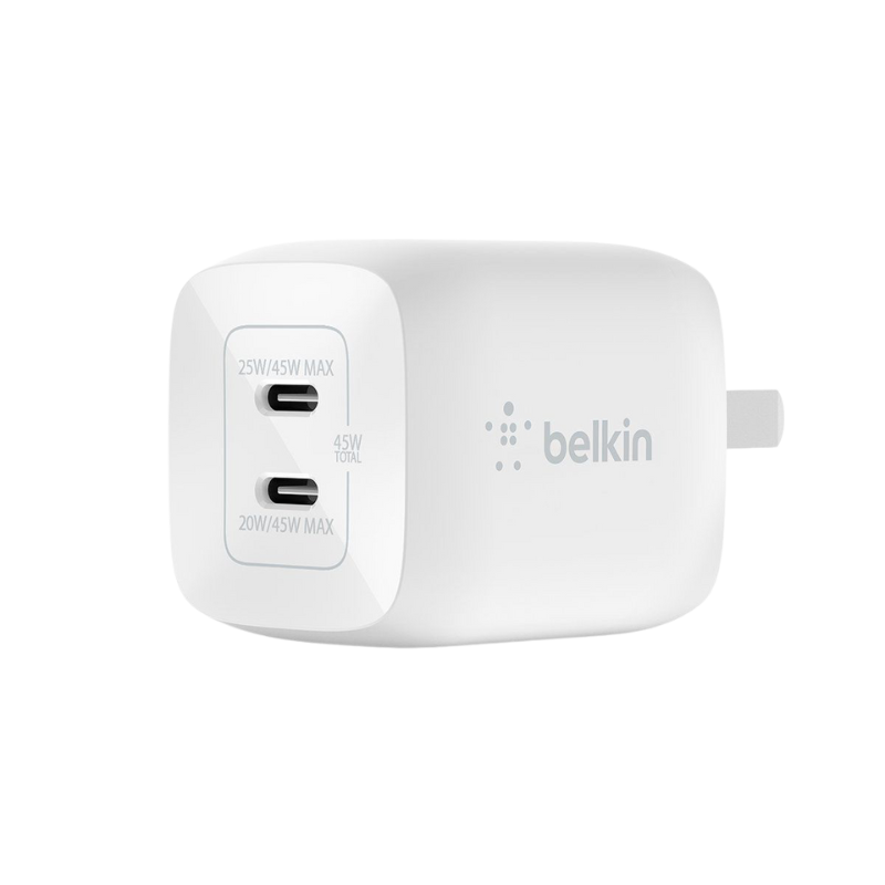  Adapter Sạc Nhanh Belkin 45W, 2 Cổng USB-C, PD 3.0 PPS GaN - Hàng Chính Hãng 