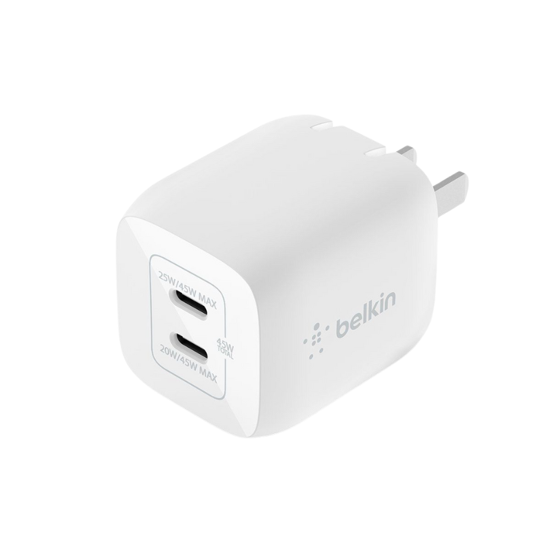  Adapter Sạc Nhanh Belkin 45W, 2 Cổng USB-C, PD 3.0 PPS GaN - Hàng Chính Hãng 