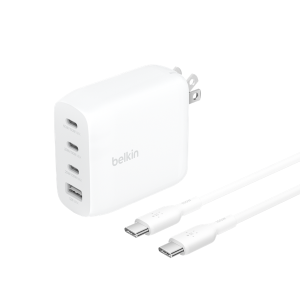 Adapter Sạc Nhanh 112W 4 Cổng, 3 USB-C + 1 USB-A GaN Màu Trắng Belkin - Hàng Chính Hãng
