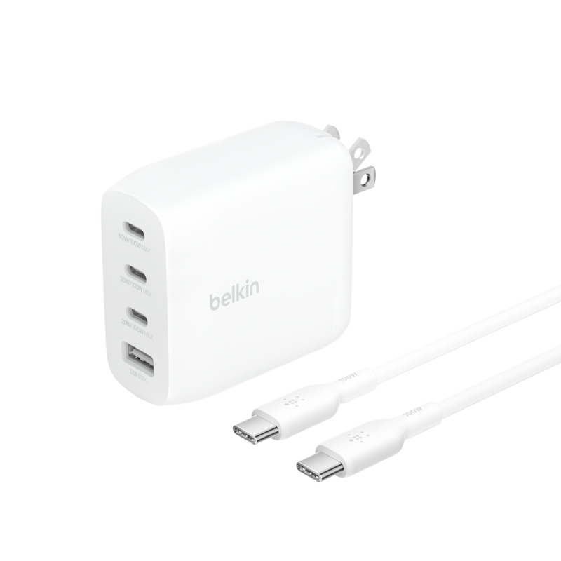  Adapter Sạc Nhanh 112W 4 Cổng, 3 USB-C + 1 USB-A GaN Màu Trắng Belkin - Hàng Chính Hãng 