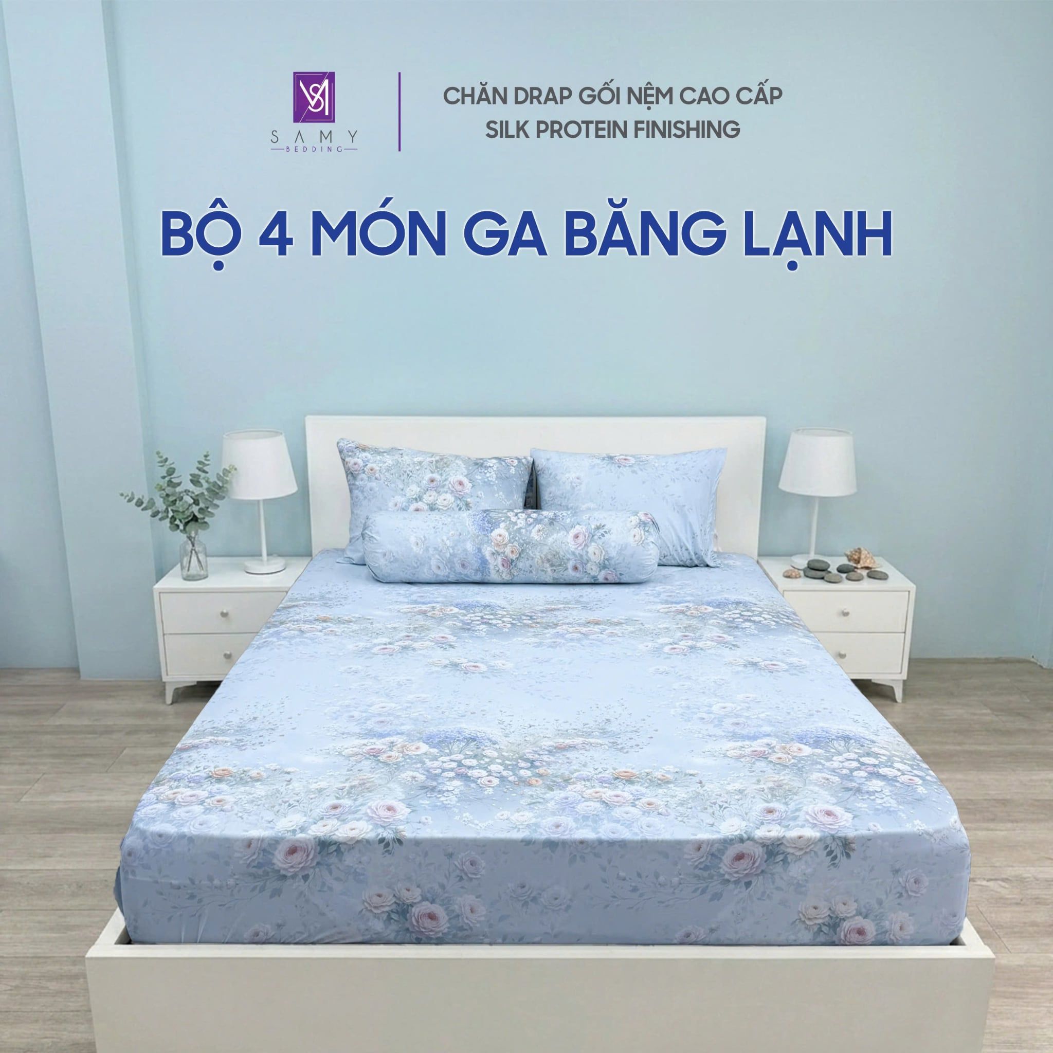  Bộ 4 Món Băng Lạnh SAMY BEDDING Siêu Mát Lạnh Hoa Hồng 