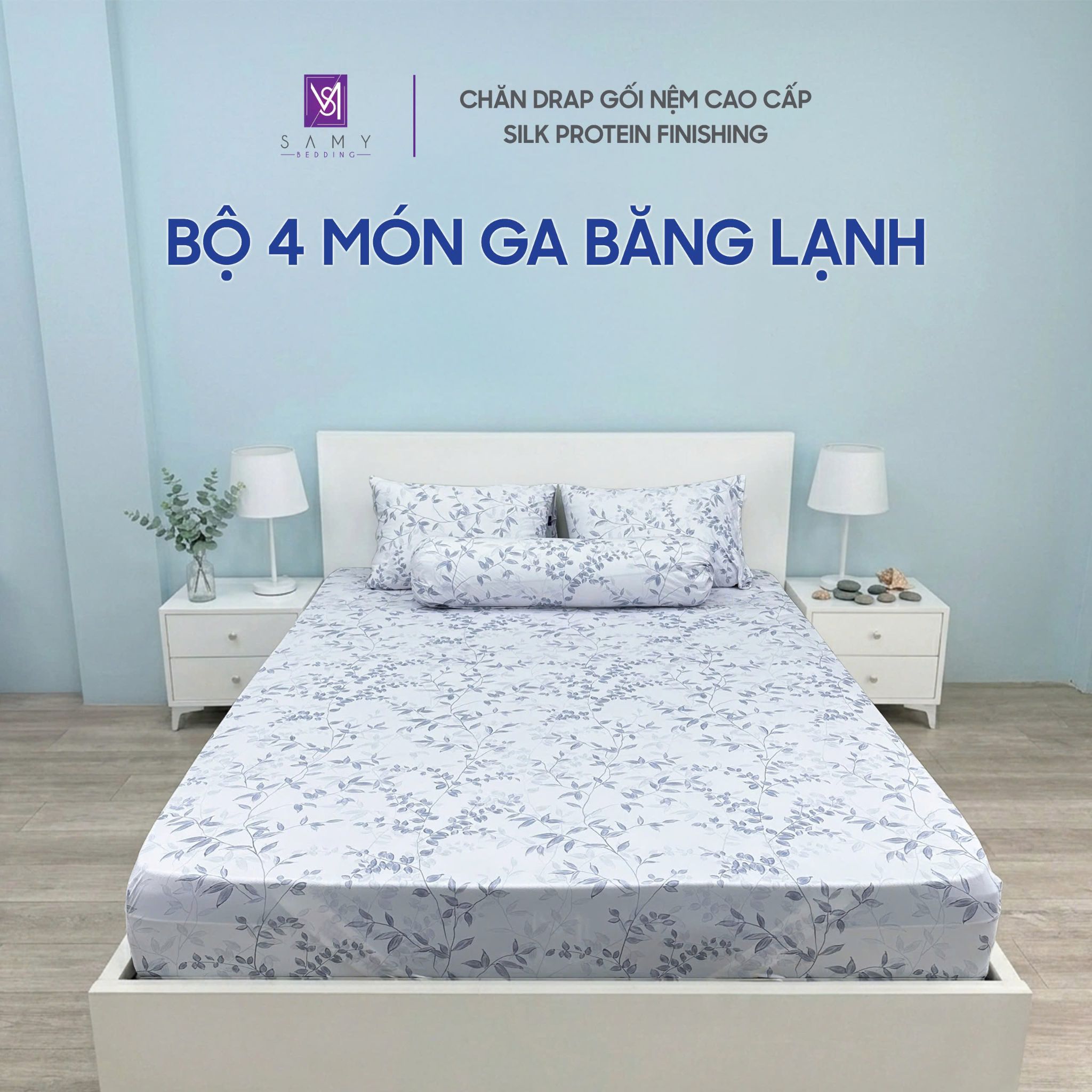  Bộ 4 Món Băng Lạnh SAMY BEDDING Siêu Mát Lạnh Lá Tím 