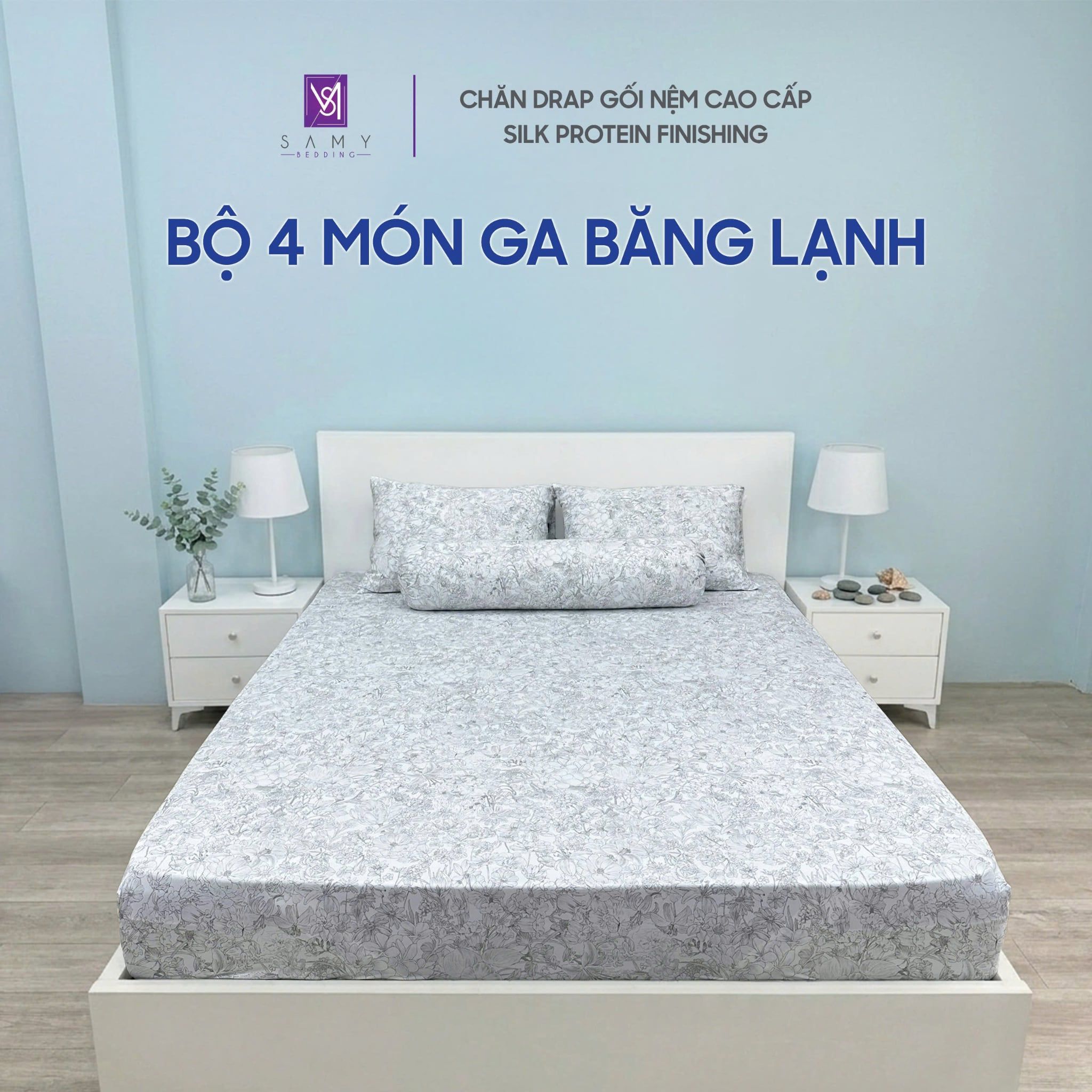  Bộ 4 Món Băng Lạnh SAMY BEDDING Siêu Mát Lạnh Hoa Xám 