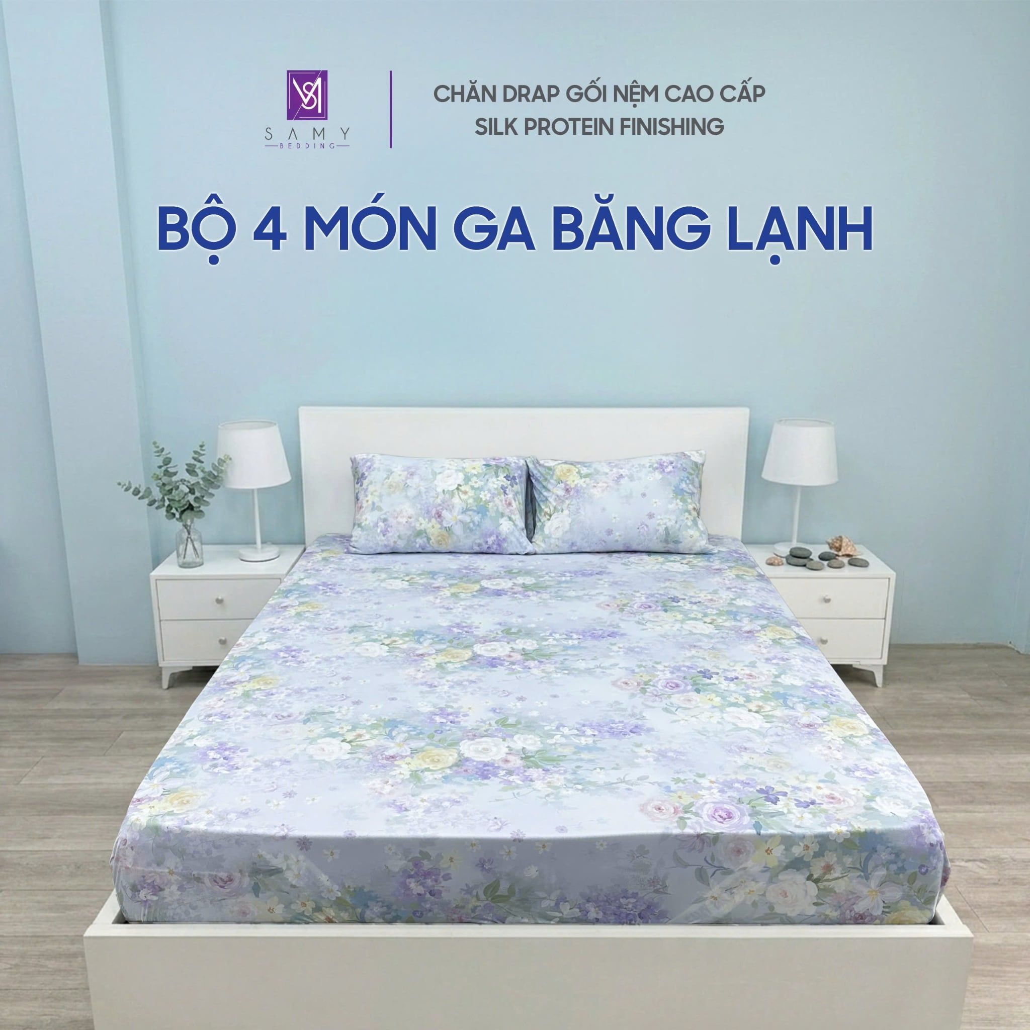  Bộ 4 Món Băng Lạnh SAMY BEDDING Siêu Mát Lạnh Hoa Tím 