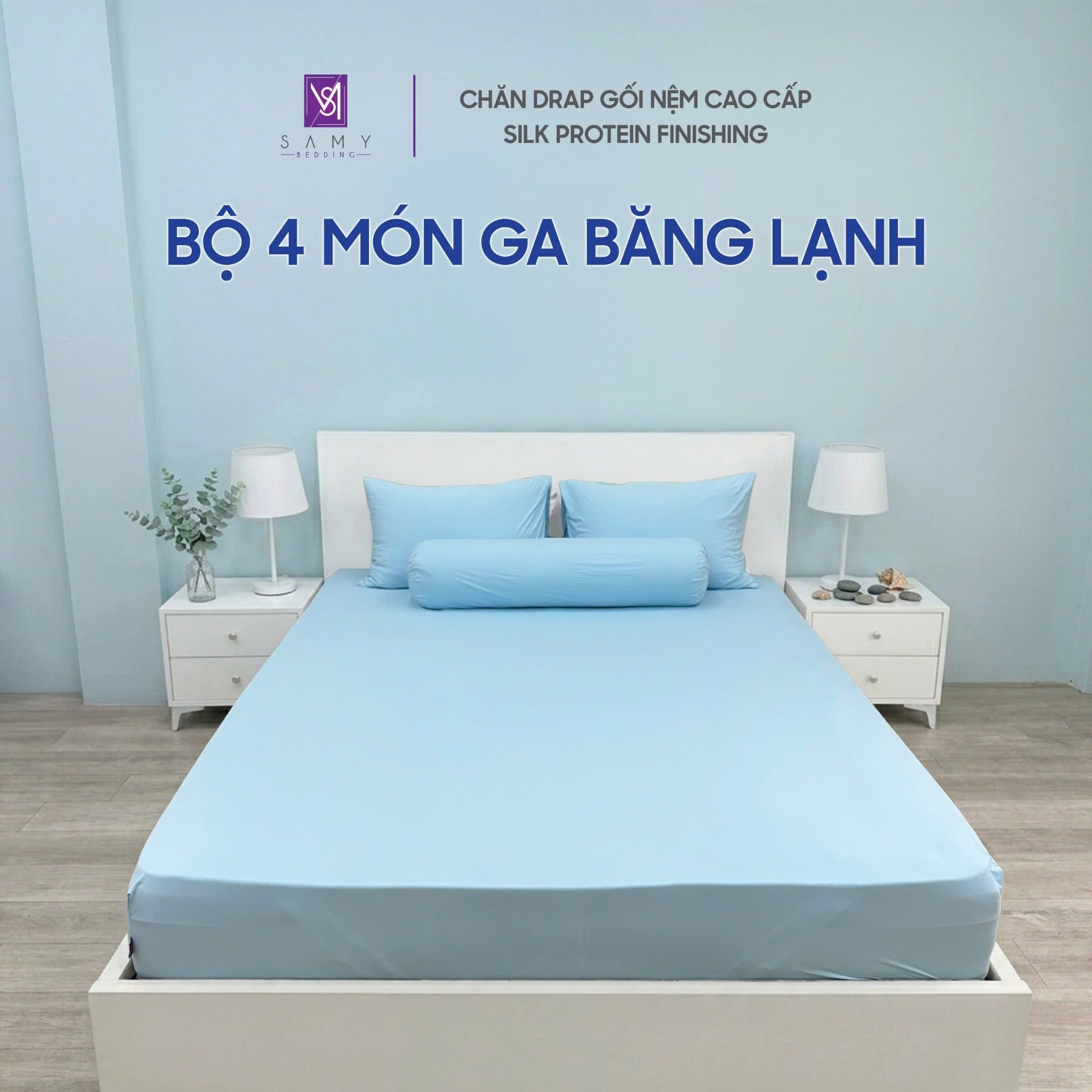  Bộ 4 Món Băng Lạnh SAMY BEDDING Siêu Mát Lạnh Xanh Biển Trơn 