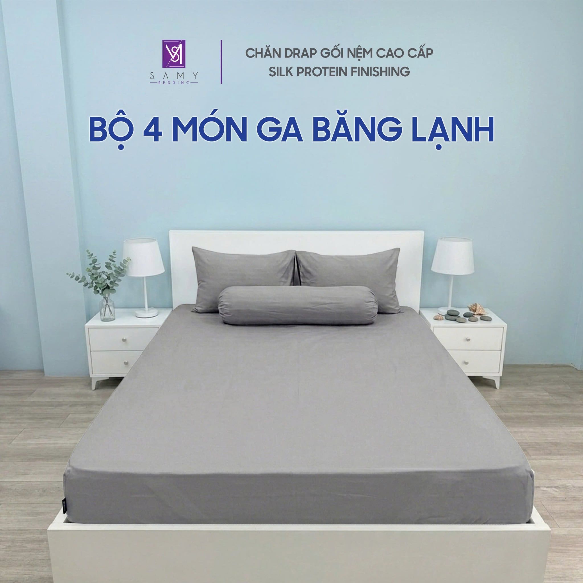  Bộ 4 Món Băng Lạnh SAMY BEDDING Siêu Mát Lạnh Xám Trơn 