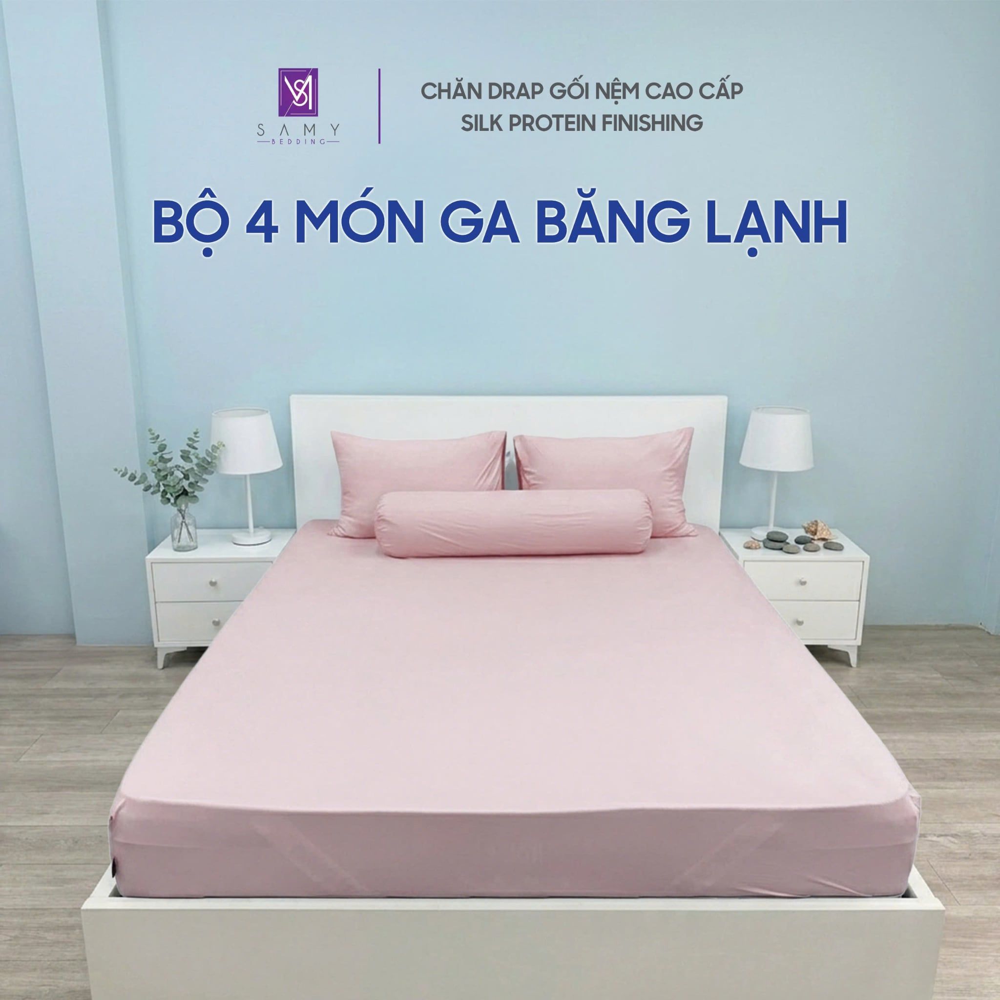  Bộ 4 Món Băng Lạnh SAMY BEDDING Siêu Mát Lạnh Hồng Trơn 