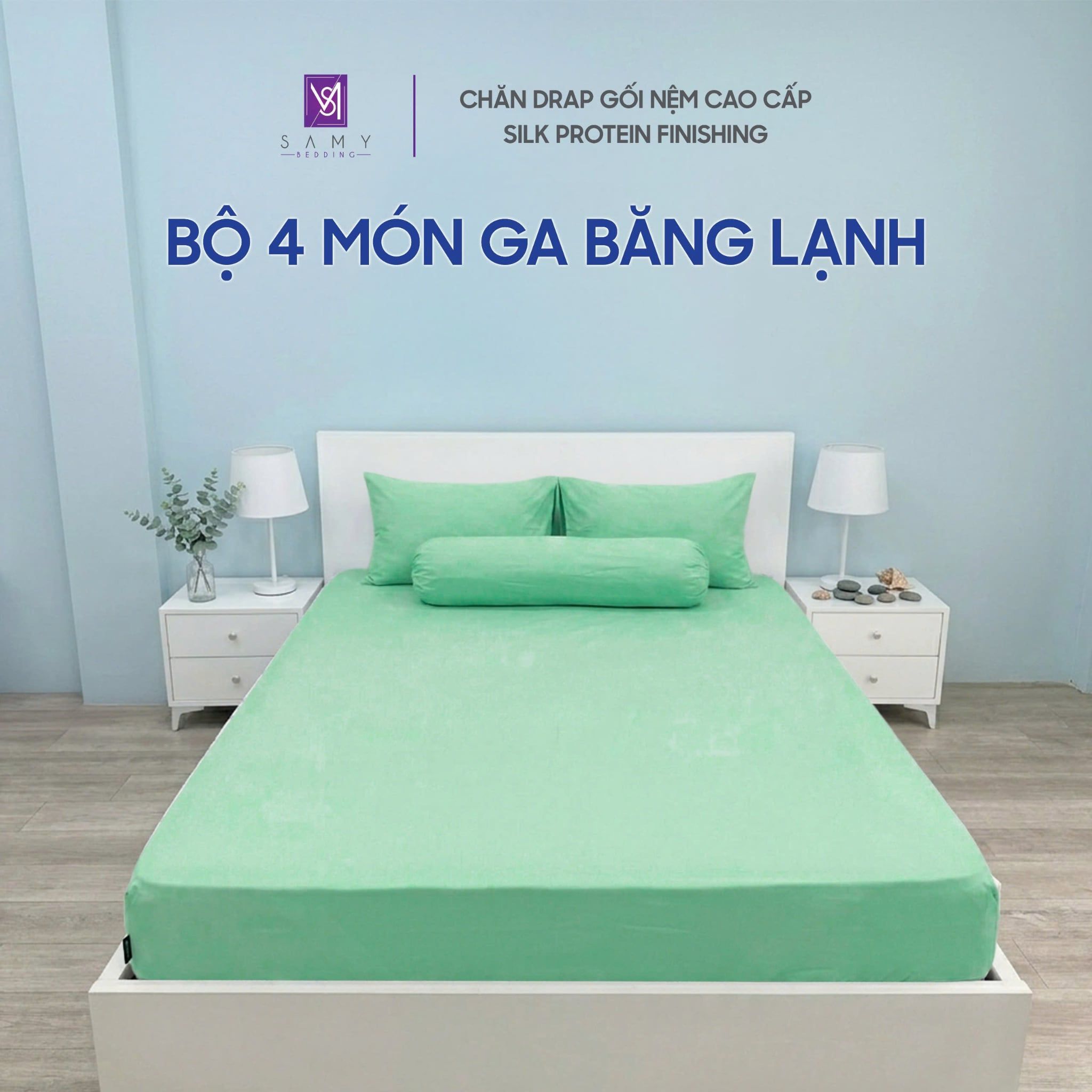  Bộ 4 Món Băng Lạnh SAMY BEDDING Siêu Mát Lạnh Xanh Lá Trơn 