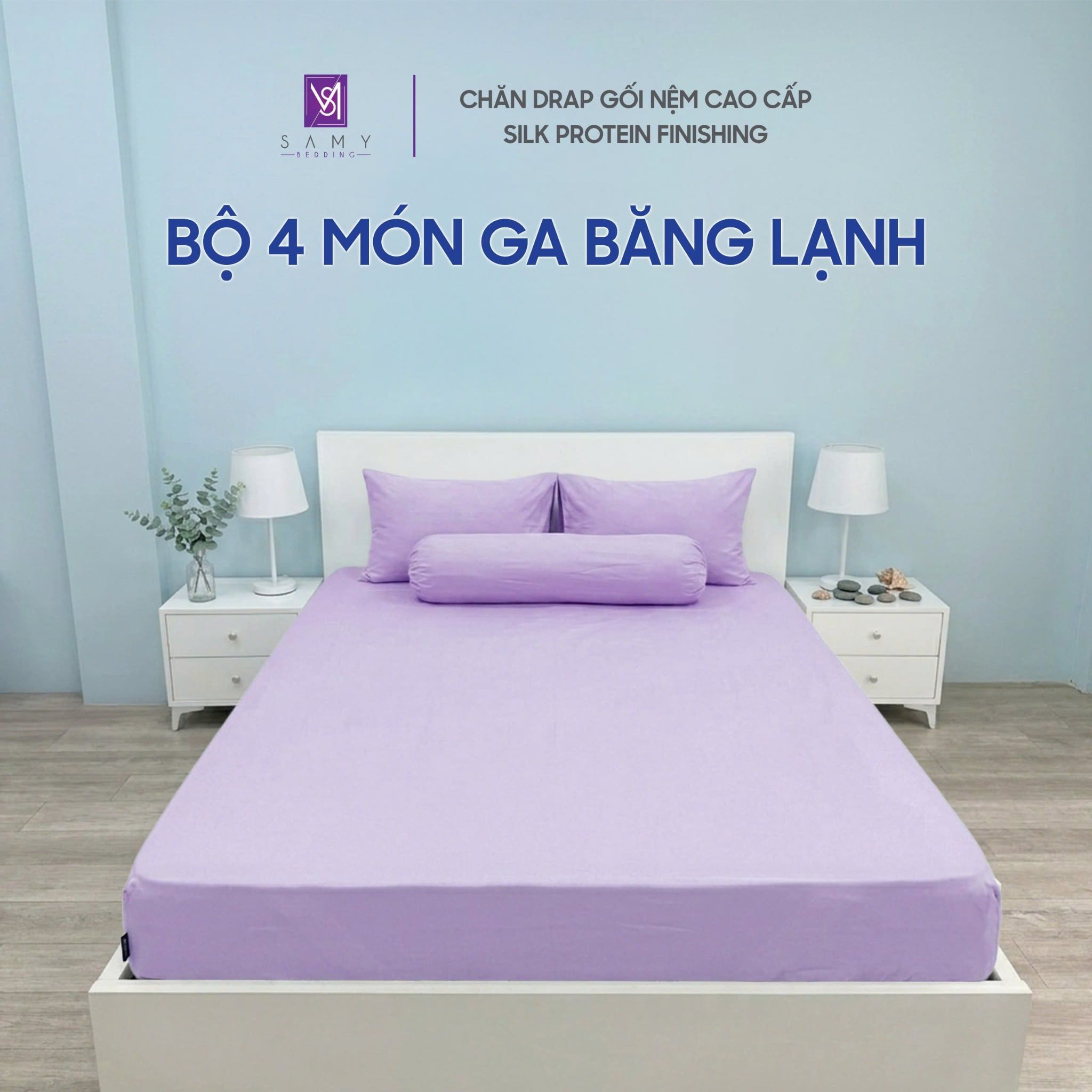 Bộ 4 Món Băng Lạnh SAMY BEDDING Siêu Mát Lạnh Tím Trơn 