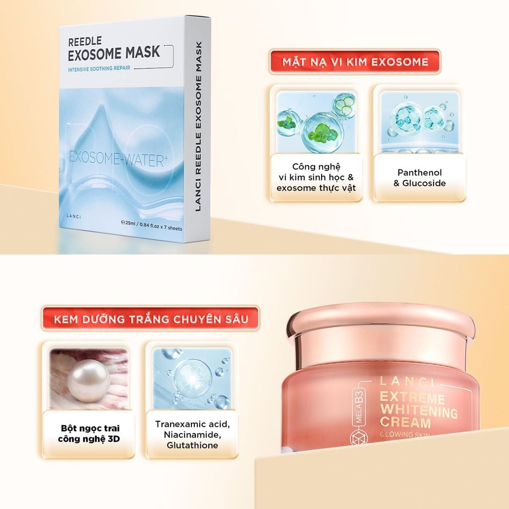 Bộ Đôi Dưỡng Trắng và Phục Hồi Da LANCI (Kem Dưỡng Trắng 50ml + Hộp Mặt Nạ Vi Kim Exosome)