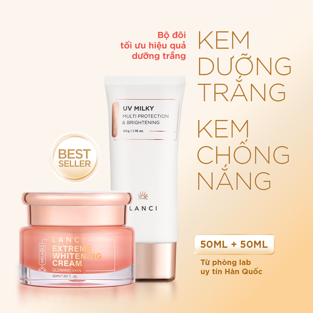 Bộ đôi Kem Dưỡng Trắng LANCI 50ml và Sữa chống nắng LANCI 50ml giúp dưỡng trắng và bảo vệ da