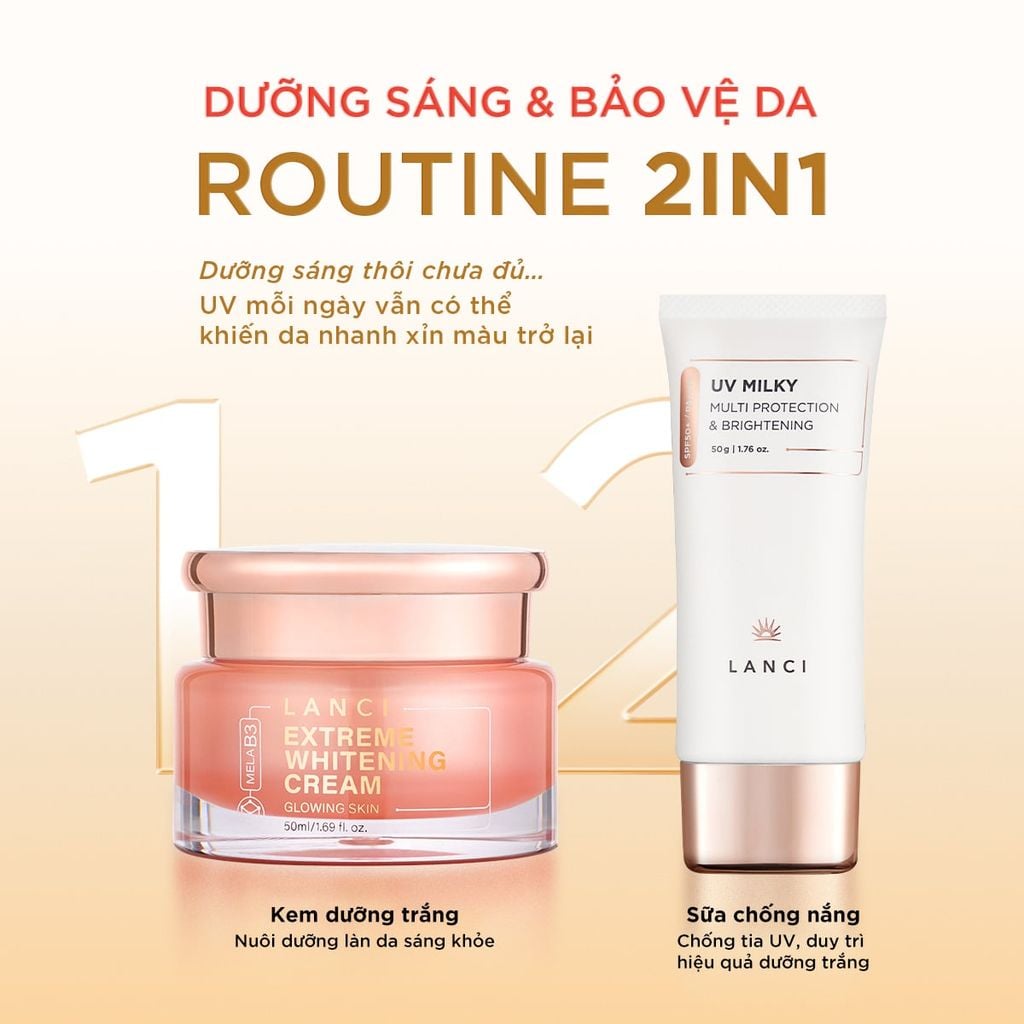 Bộ đôi Kem Dưỡng Trắng LANCI 50ml và Sữa chống nắng LANCI 50ml giúp dưỡng trắng và bảo vệ da