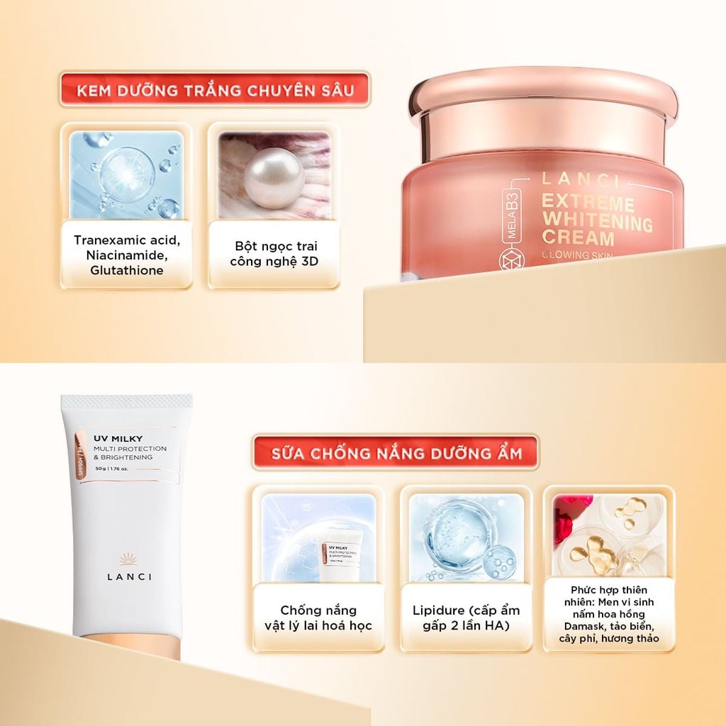 Bộ đôi Kem Dưỡng Trắng LANCI 50ml và Sữa chống nắng LANCI 50ml giúp dưỡng trắng và bảo vệ da