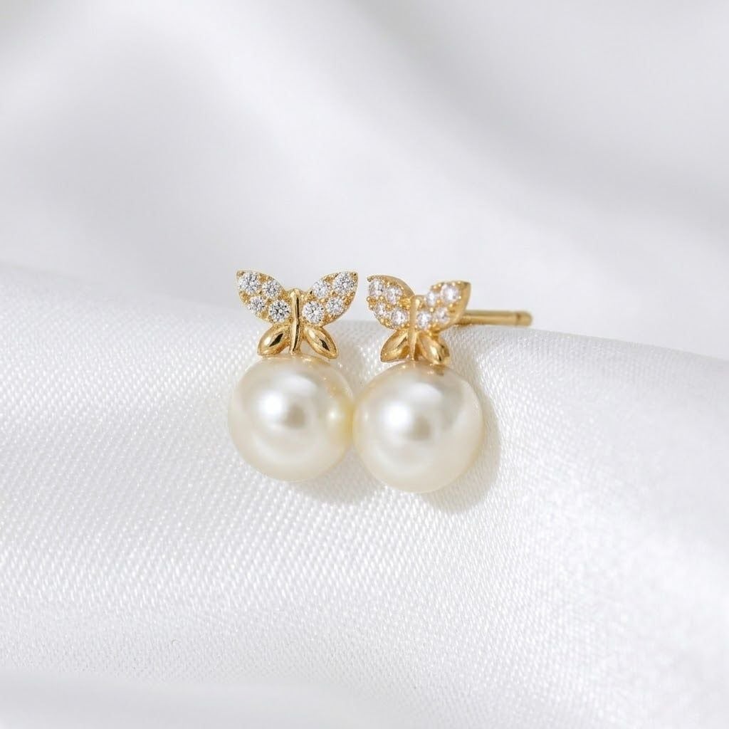 BÔNG TAI TRANG SỨC NGỌC TRAI BUTTERFLY AKOYA VÀNG HOÀNG GIA PEARL_ E4236