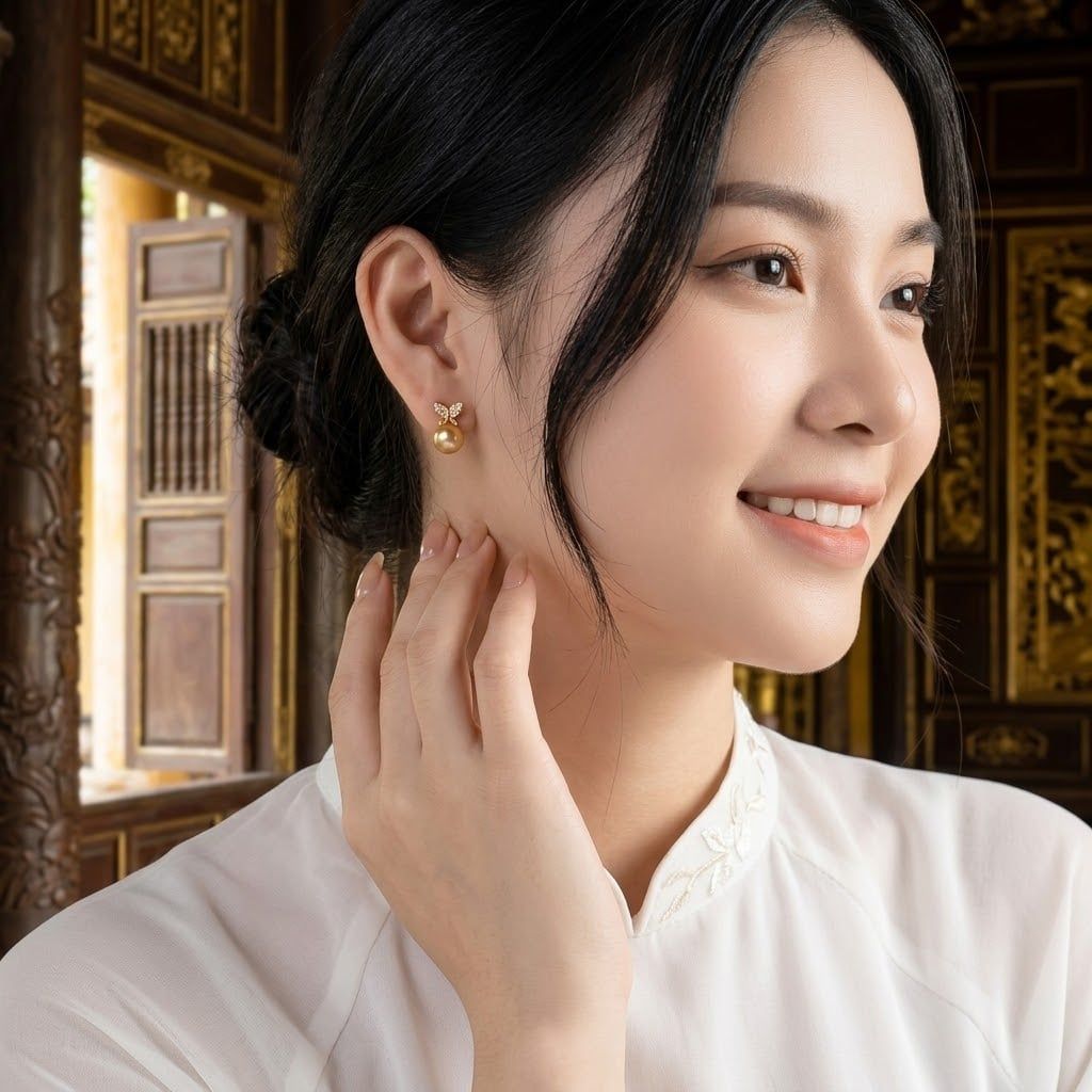 BÔNG TAI TRANG SỨC NGỌC TRAI BUTTERFLY AKOYA VÀNG HOÀNG GIA PEARL_ E4236