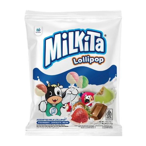Kẹo mút sữa vị hỗn hợp (dâu, sô cô la, dưa) hiệu Milkita 90g