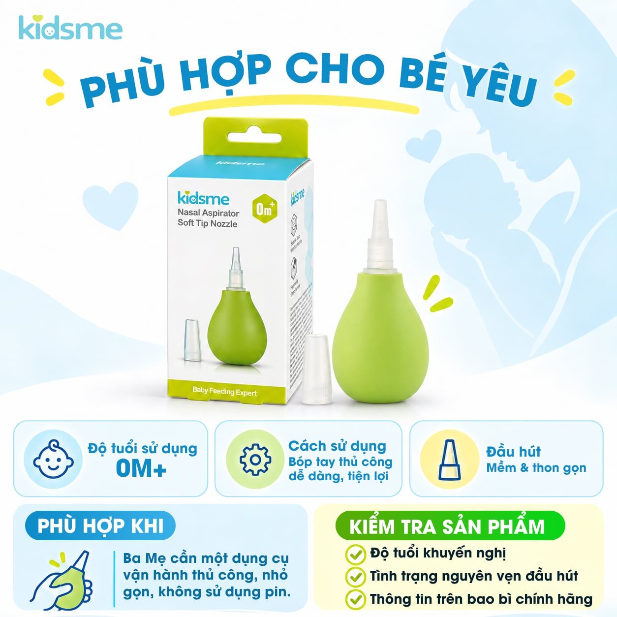  Dụng cụ hút dịch của kidsme với vòi hút mềm mại và linh hoạt giúp làm sạch khoan mũi của bé 
