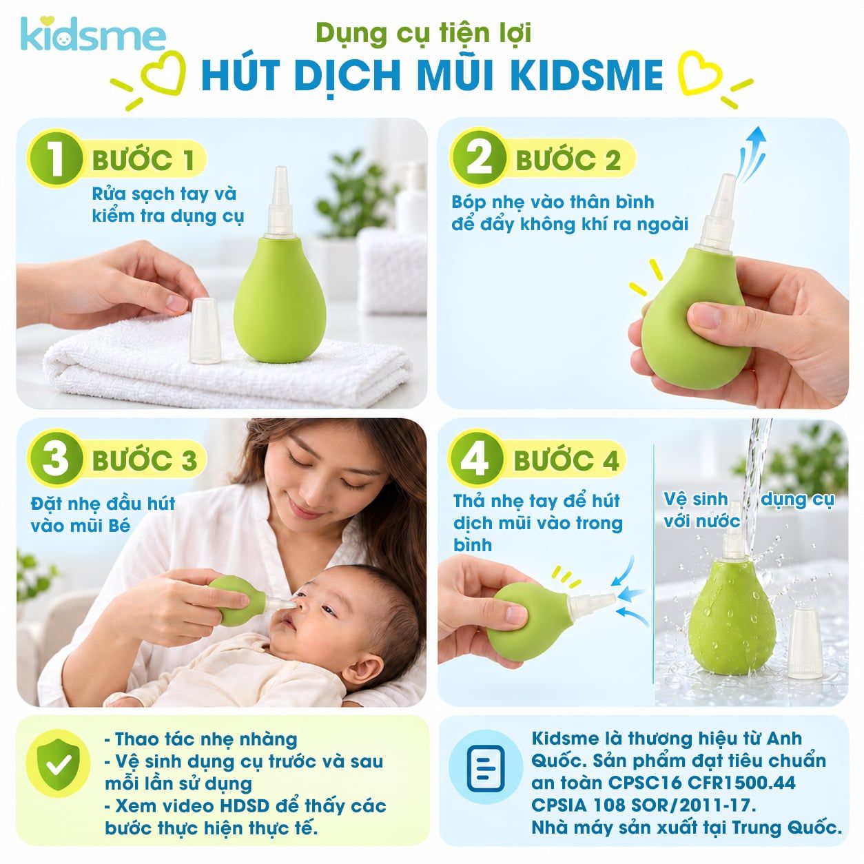  Dụng cụ hút dịch của kidsme với vòi hút mềm mại và linh hoạt giúp làm sạch khoan mũi của bé 