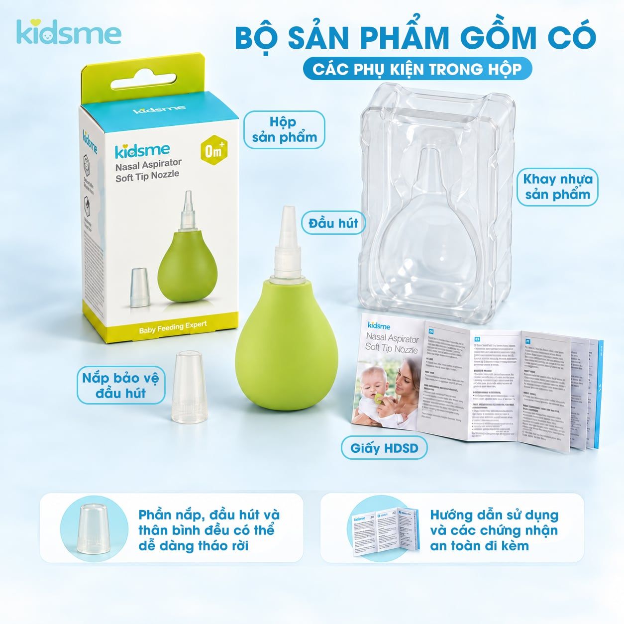  Dụng cụ hút dịch của kidsme với vòi hút mềm mại và linh hoạt giúp làm sạch khoan mũi của bé 