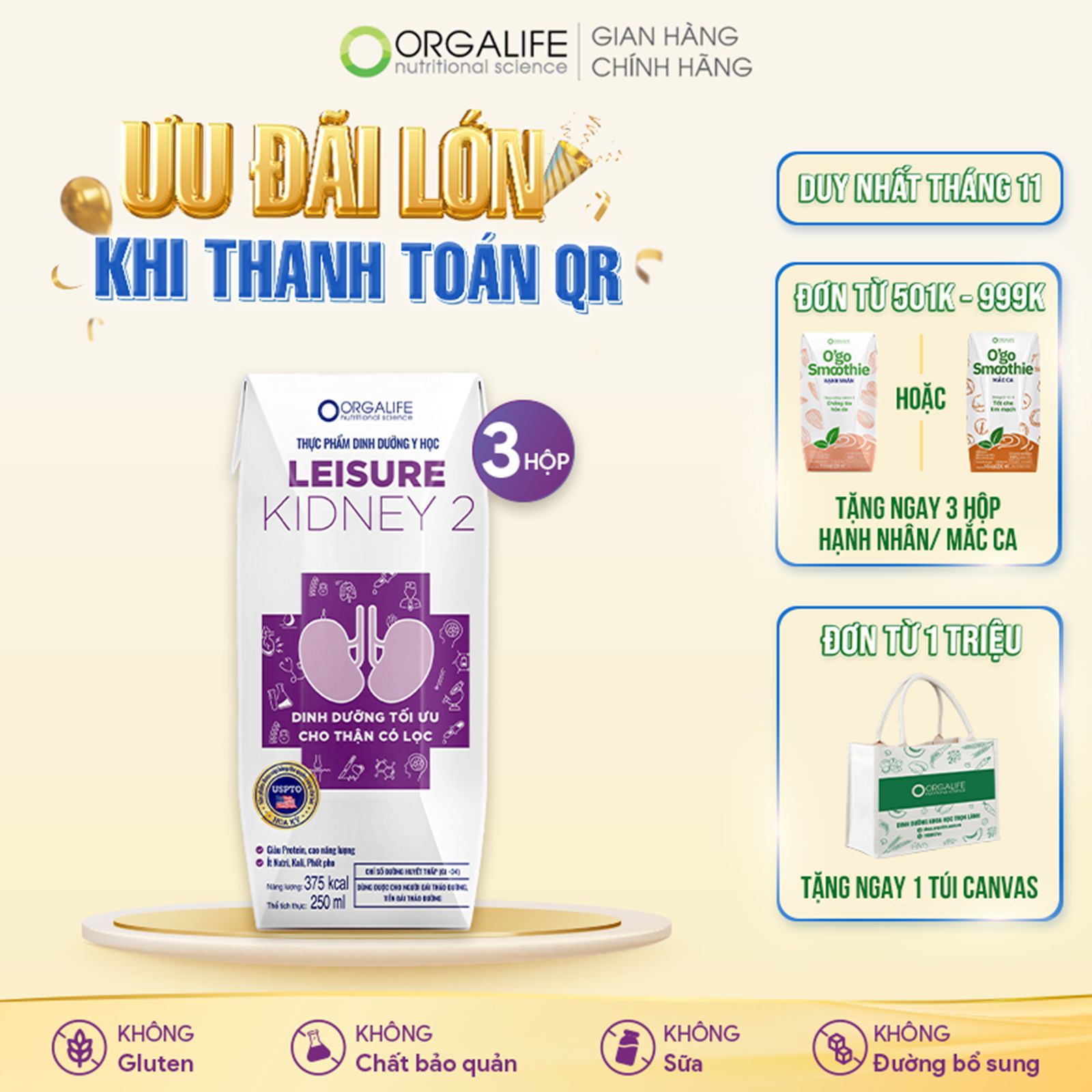  Thực phẩm dinh dưỡng y học LEISURE KIDNEY 2 - Lốc 3 Hộp (250ml/Hộp) 