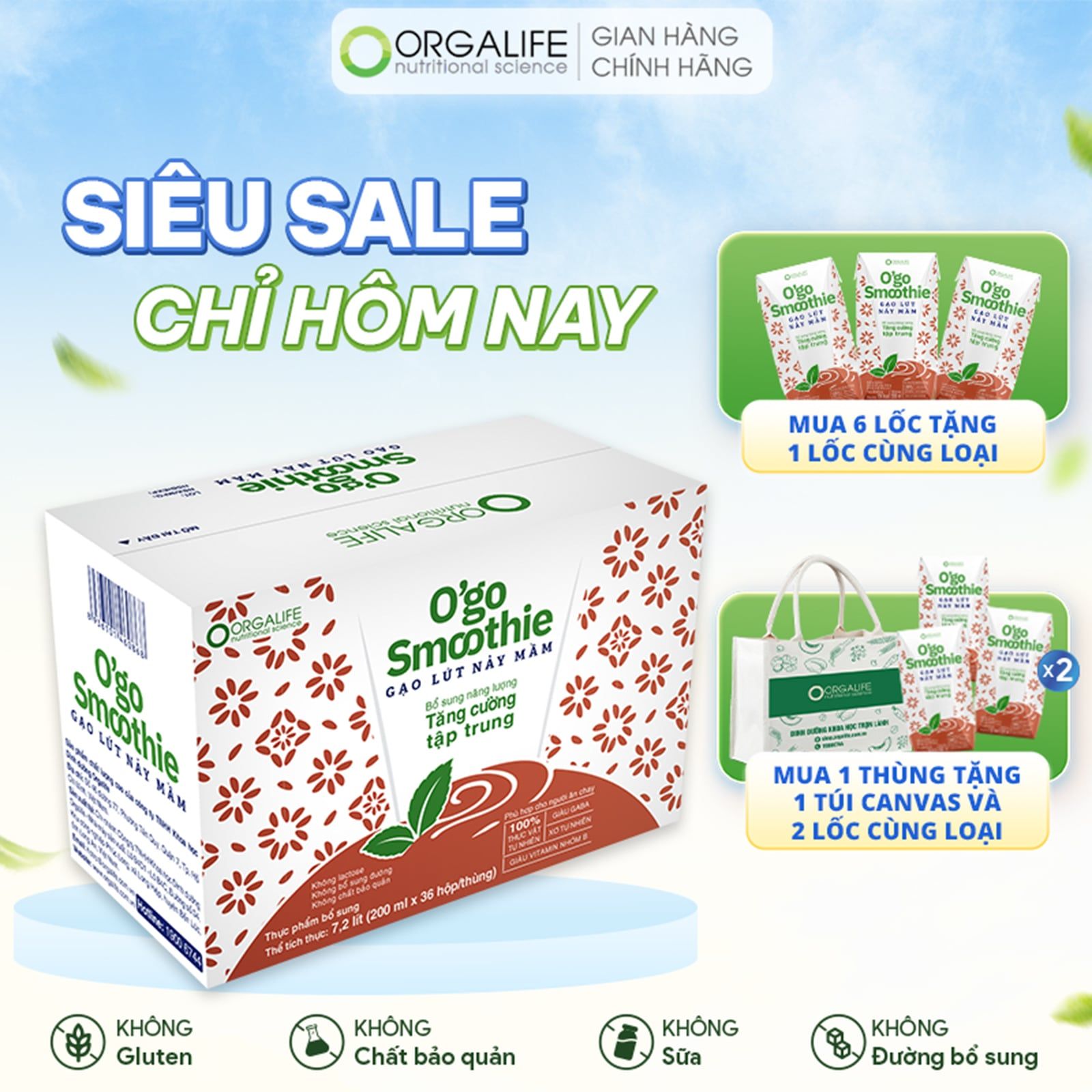  O'GO SMOOTHIE GẠO LỨT NẢY MẦM - Sinh Tố Giàu GABA Giảm Stress, Tăng Tập Trung - Thùng 36 Hộp (200ml/Hộp) 