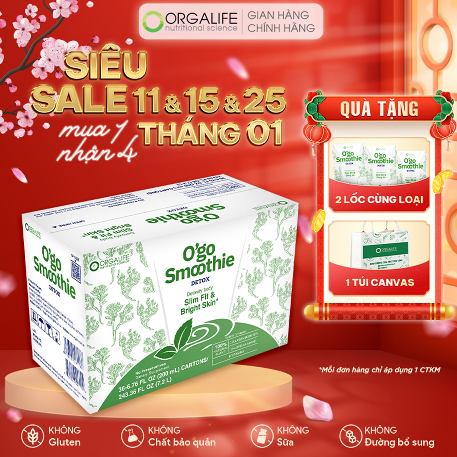  O'GO SMOOTHIE DETOX - Sinh Tố Thanh Lọc, Sáng Da, Giảm Cảm Giác Thèm Ăn - Thùng 36 Hộp (200ml/Hộp) 