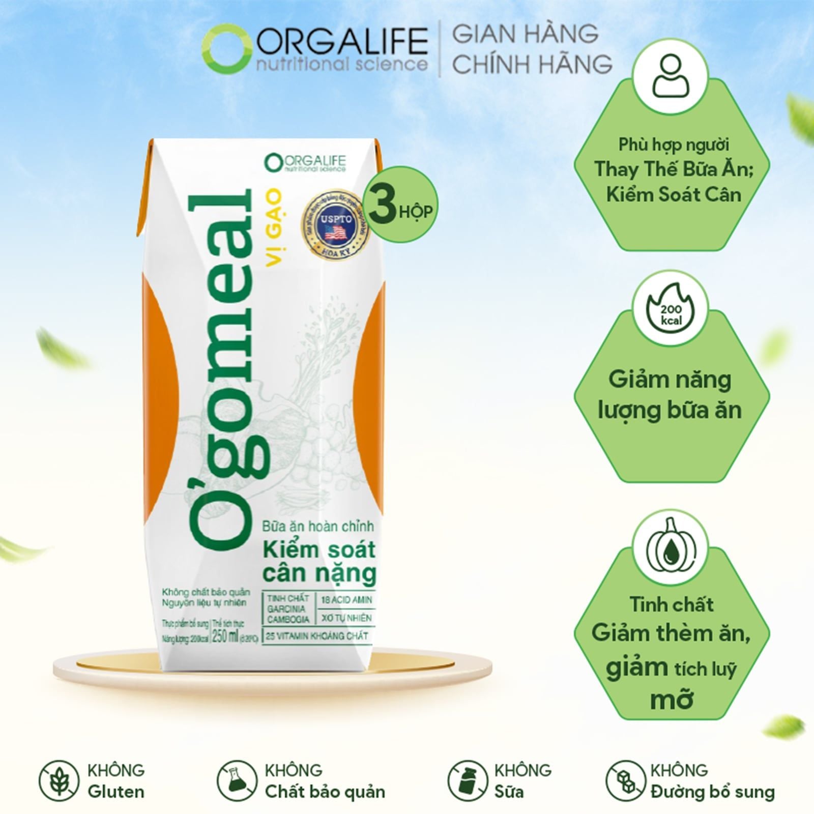  O'GO MEAL VỊ GẠO - Bữa Ăn Thay Thế Kiểm Soát Cân Nặng, Giảm Thèm Ăn - Lốc 3 Hộp (250ml/Hộp) 