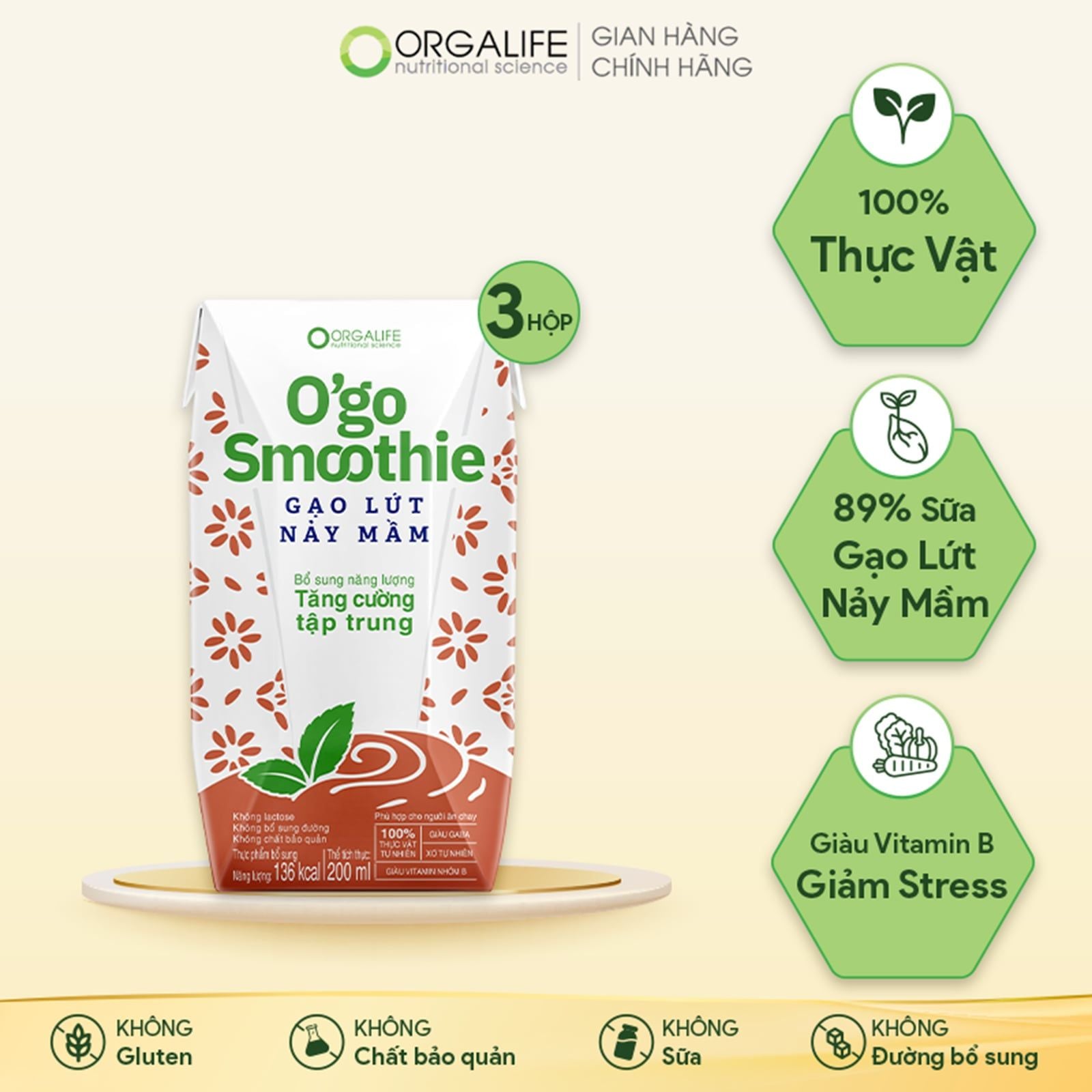  [Quà Tặng] O'GO SMOOTHIE GẠO LỨT NẢY MẦM - Sinh Tố Giàu GABA Giảm Stress, Tăng Tập Trung - Lốc 3 Hộp (200ml/Hộp) 