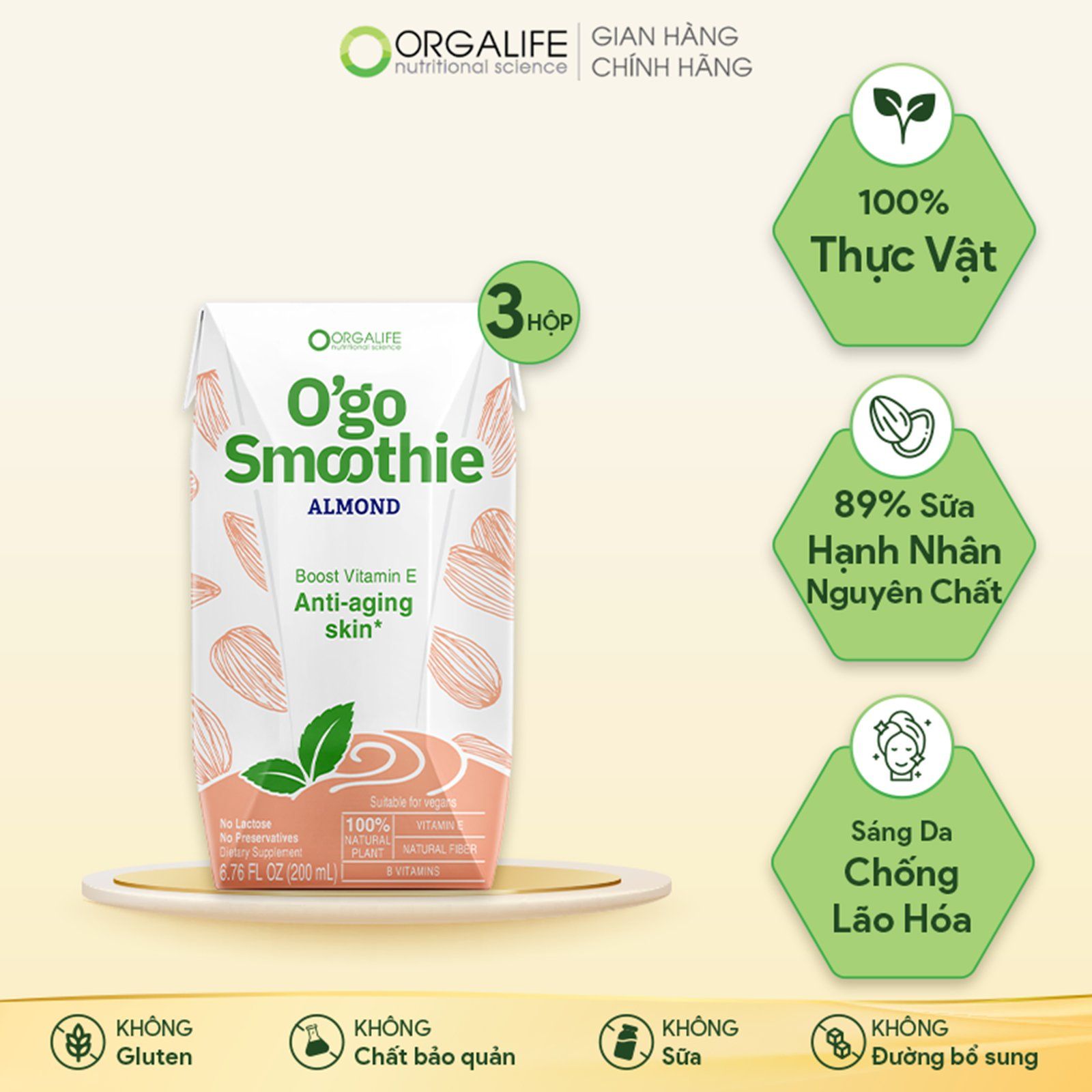  O'go Smoothie Hạnh Nhân - Sinh Tố Chắc Dáng, Căng Sáng Da Từ Sữa Hạt Hạnh Nhân - Lốc 3 Hộp x 200ml 