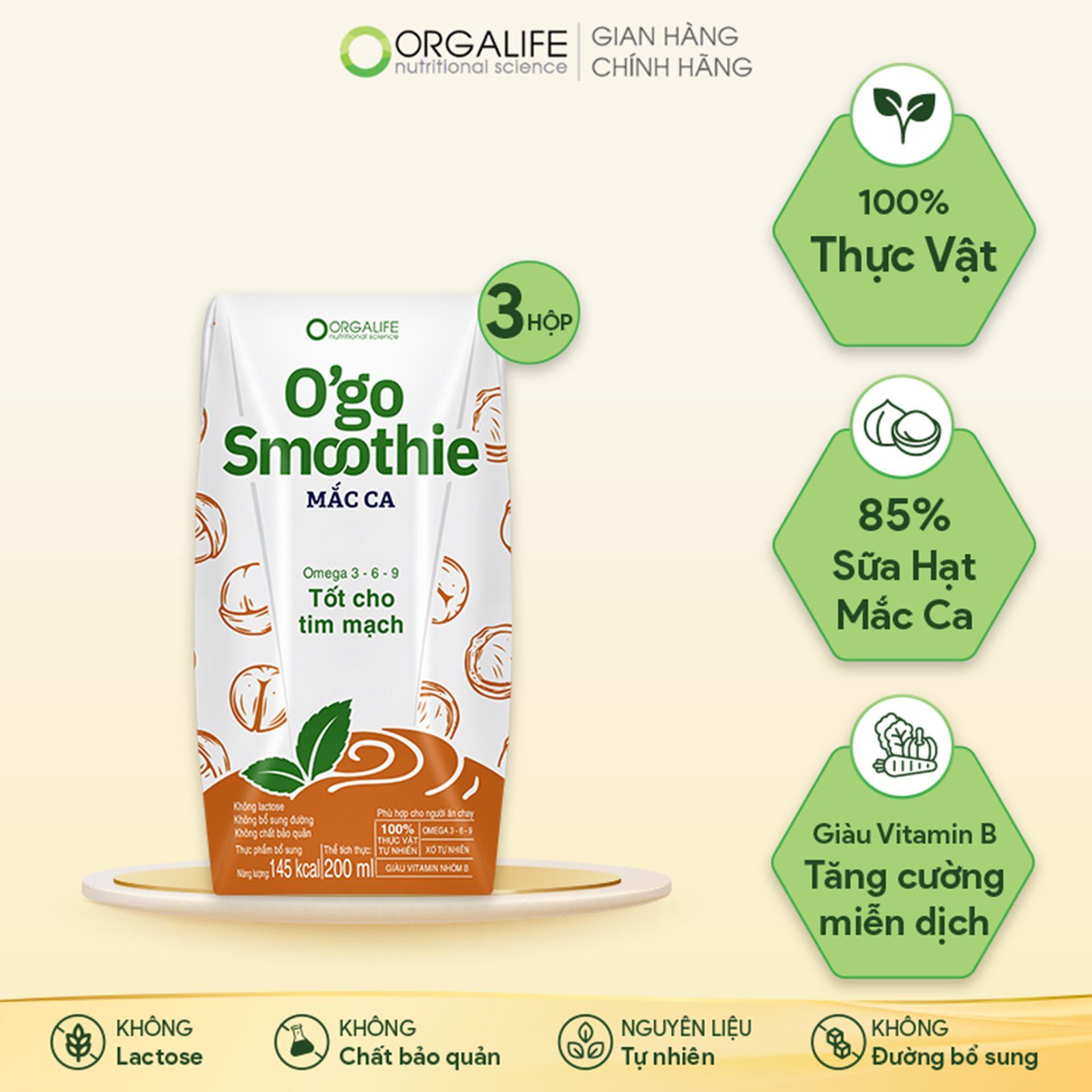  O'go Smoothie Mắc Ca - Sinh Tố Tốt Cho Tim Mạch Từ Sữa Hạt Macca - Lốc 3 Hộp x 200ml 