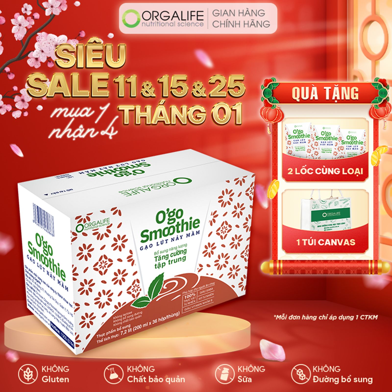  O'GO SMOOTHIE GẠO LỨT NẢY MẦM - Sinh Tố Giàu GABA Giảm Stress, Tăng Tập Trung - Thùng 36 Hộp (200ml/Hộp) 