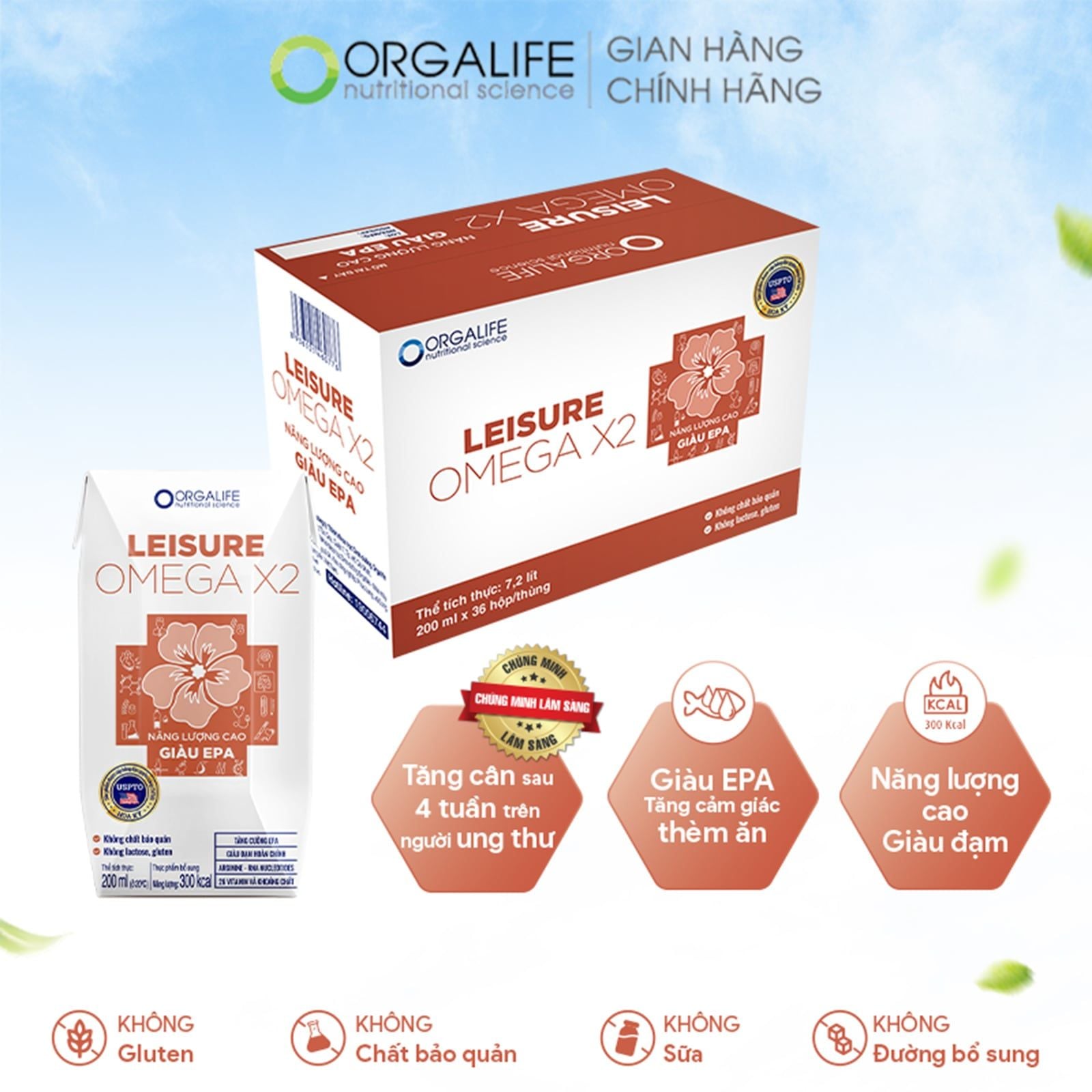  Thực phẩm dinh dưỡng y học LEISURE OMEGA X2 - Thùng 36 Hộp (200ml/Hộp) 