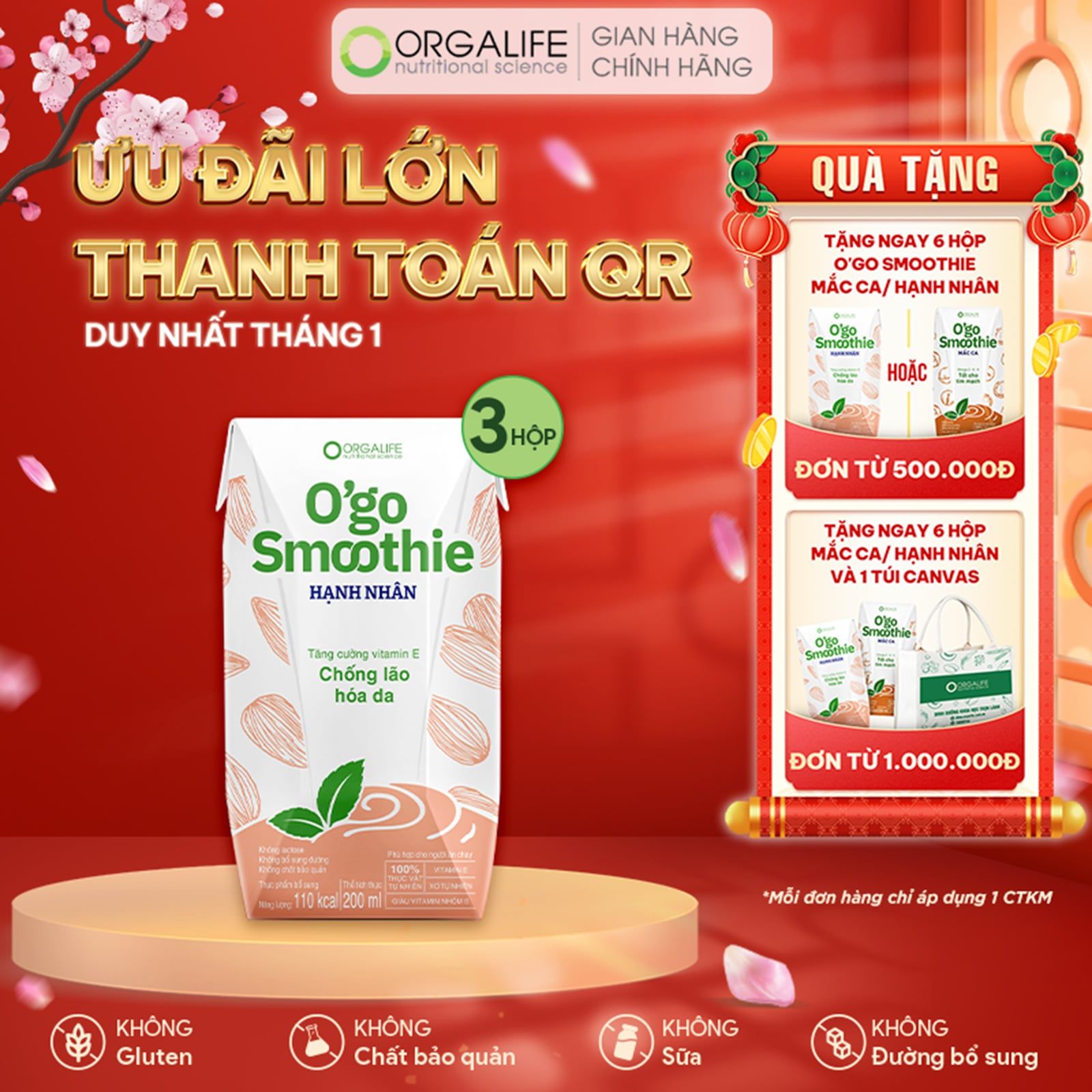  O'GO SMOOTHIE HẠNH NHÂN - Sinh Tố Chắc Dáng, Căng Sáng Da - Lốc 3 Hộp (200ml/Hộp) 